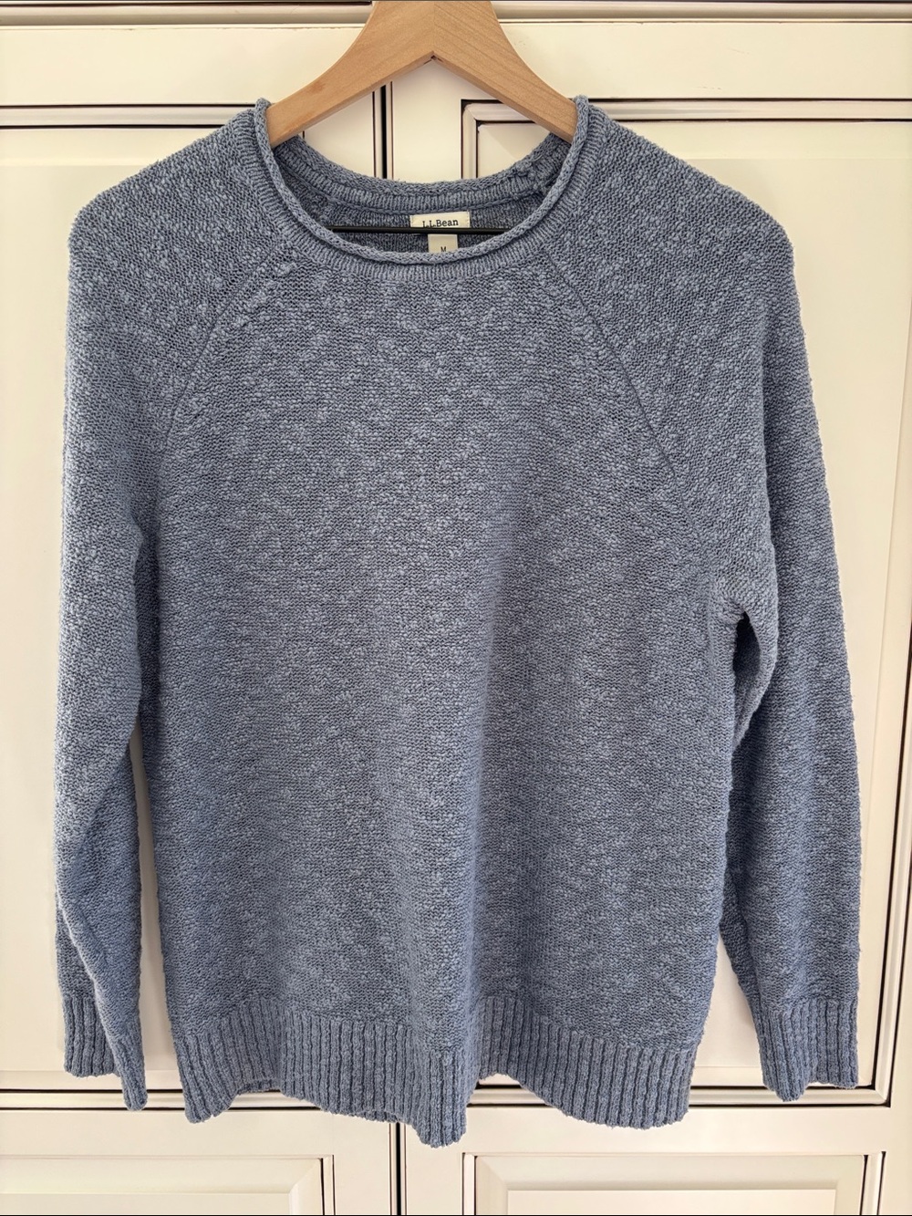LL Bean Blue Textured Knit Roll Neck 100% Cotton Crewneck Sweater Women’s Medium